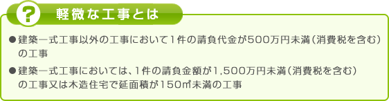 「軽微な工事とは」
・建築一式工事以外の工事において1件の請負代金が500万円未満(消費税を含む)の工事
・建築一式工事においては、1件の請負金額が1,500万円未満(消費税を含む)の工事又は木造住宅で延面積が150m²未満の工事
