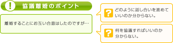 「協議離婚のポイント」離婚することにお互い合意はしたのですが・・・
○どのように話し合いを進めていいのか分からない。 ○何を協議すればいいのか分からない。